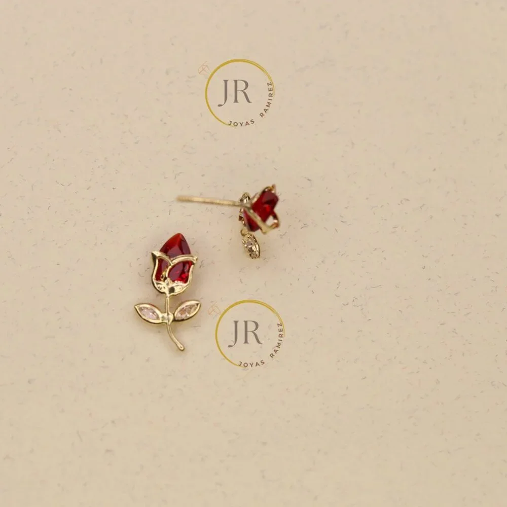 14K Solid Yellow Gold Red Tulip Stud Earrings • Floral Elegance & Passion. - Picture 3 of 11